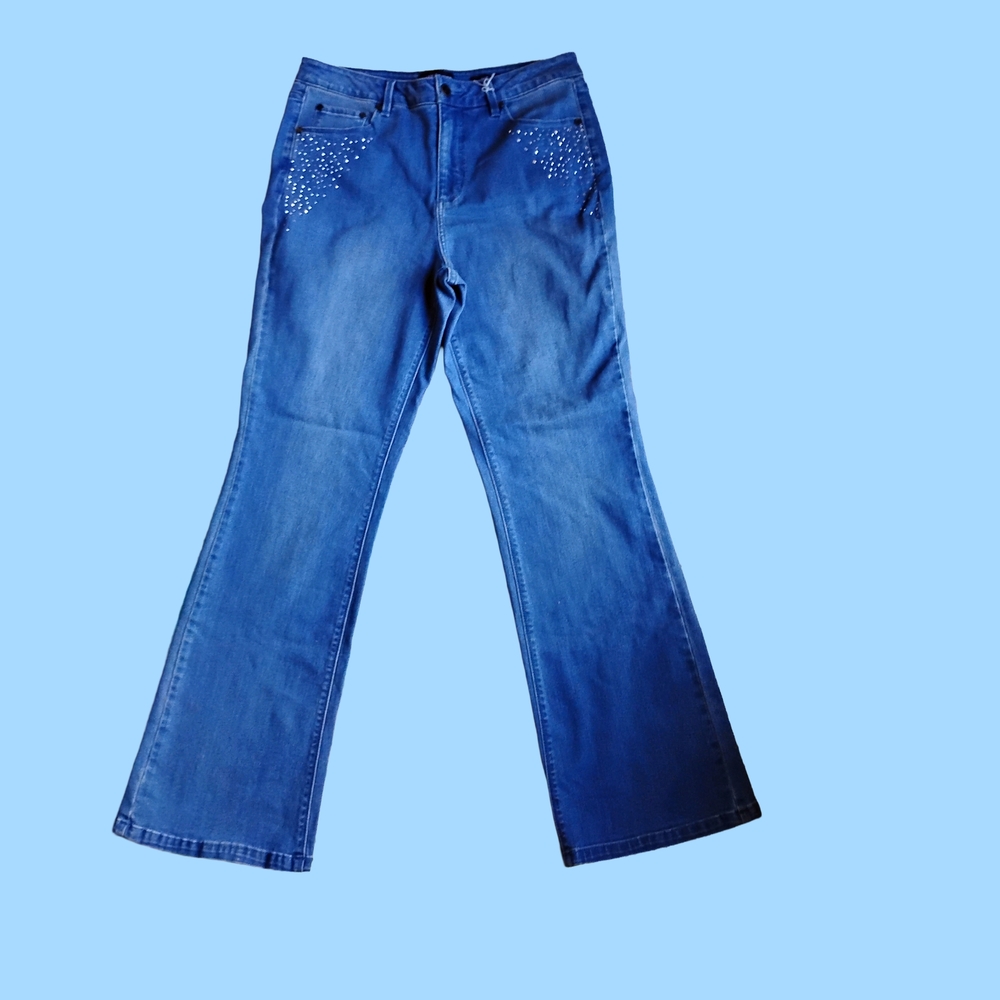 Susan Graver Blue Flare Jeans with Studded Detail Womens Size 12 GUC